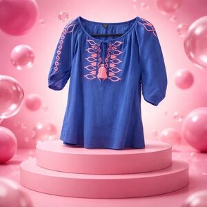 Talbots Blue Top with Pink Embroidery